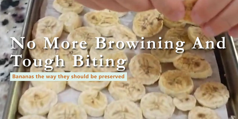 freeze dried bananas on tray with text banner