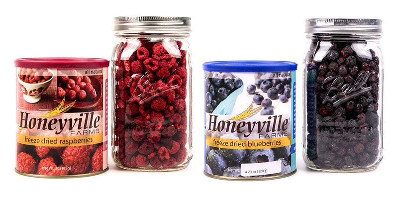 Honeyville freeze dried fruits in cans and jars