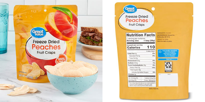 great value freeze dried peaches pack on table and label