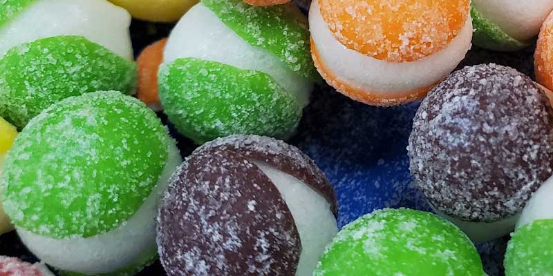 freeze dried sour skittles close up shot