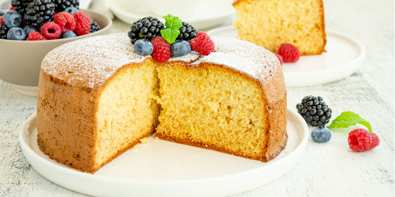 sponge cake with powdered sugar and berry topping